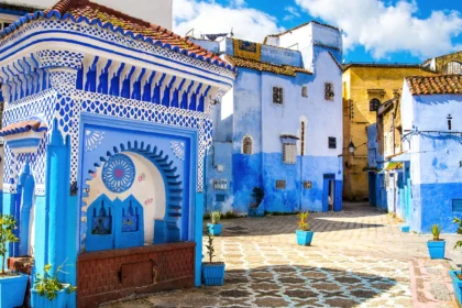 Chefchaouen, Morocco – a picturesque blue city in the Rif Mountains, famous for its vibrant blue-painted buildings, narrow streets, and stunning natural landscapes
