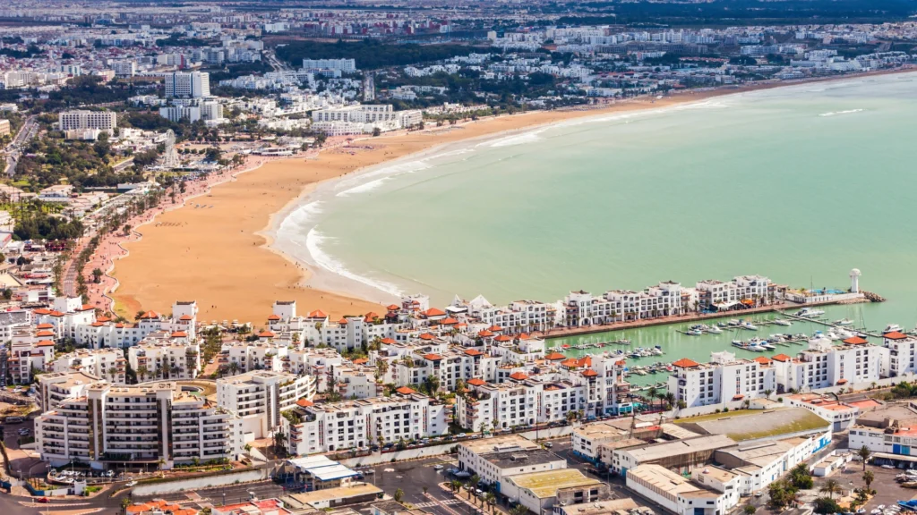 Panoramic view of Agadir Morocco with modern buildings and coastline in the background